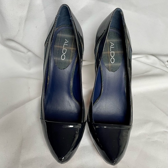 Aldo Platform Patent Leather Navy Plaid Heels BNWB SZ 8.5 (39) - Picture 3 of 12